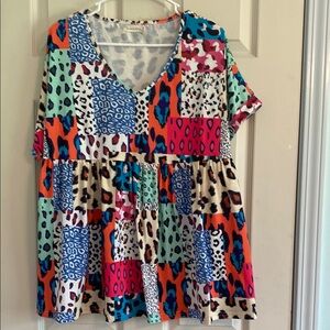 Blue and Red Short Sleeve Tie Front Blouse